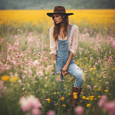 Mix feminine with rugged by pairing a soft, pastel-colored off-shoulder blouse with distressed denim overalls. Complete the look with cowboy boots and a braided leather bracelet. This outfit combines comfort with country charm, perfect for a day out or a casual gathering. Overalls And Cowboy Boots Outfit, Cowboy Boots Outfit, Farmer Outfit, Women's Overalls, Braided Leather Bracelet, Bib Overalls, Country Charm, Denim Overalls, Braided Leather