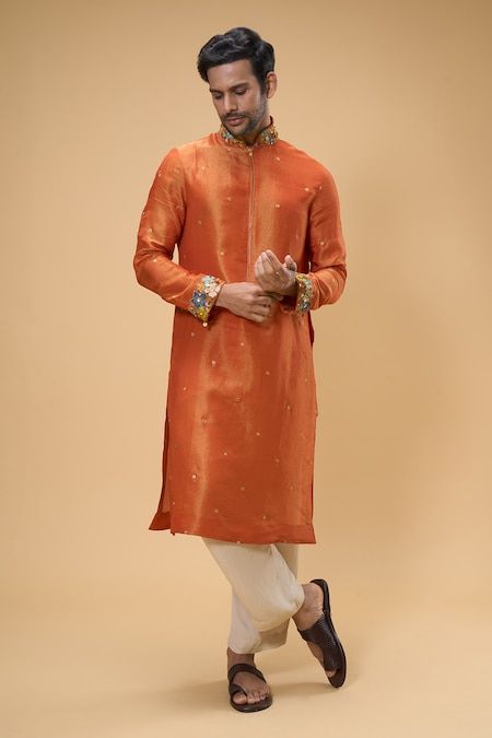 Organza Kurta For Men, Orange Kurta For Men, Orange Outfit Men, Haldi Ceremony Outfit For Men, Stylish Boy Clothes, Organza Kurta, Mens Traditional Wear, Haldi Ceremony Outfit, Orange Lehenga