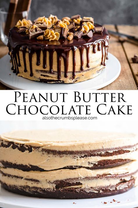 Chocolate Peanut Butter Ganache Cake, Moist Chocolate Cake With Peanut Butter Icing, Chocolate Cake Peanut Butter Filling, Chocolate Cake Peanut Butter Icing, Chocolate And Peanut Butter Cake, Chocolate Cake With Peanut Butter Icing, Peanut Butter Cake Filling, Moist Cupcake Recipes, Peanut Butter Chocolate Cake