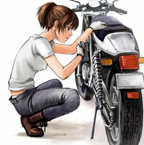 Manga Moto Girl Anime Motorcycle, Girl Mechanics, Tomboy Art, Motorcycle Illustration, Biker Art, Motorcycle Art, Bike Art, Motorcycle Girl, Biker Girl