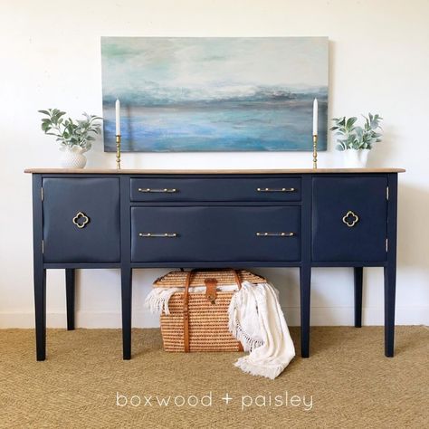 Coastal Blue Buffet | General Finishes Design Center Blue Buffet Table, Navy Blue Buffet, Havenly Dining Room, Blue Buffet, Drop Pulls, Chalk Paint Furniture Diy, Water Based Wood Stain, Antique Buffet, Unusual Furniture