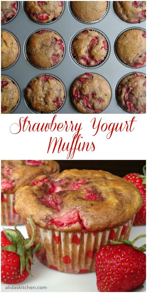 An easy Strawberry Yogurt Muffin recipe made with fresh strawberries and Greek yogurt | alidaskitchen.com Snack Breads, Recipes Greek Yogurt, Assorted Muffins, Strawberry Yogurt Muffins, Yogurt Muffin, Summer Brunch Recipes, Strawberry Muffin Recipes, Preschool Cooking, Recipes Greek