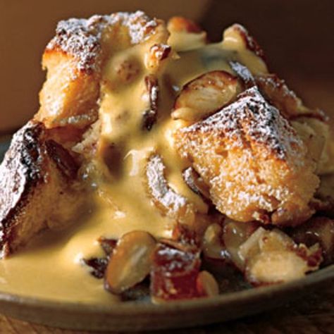 Sticky Date and Almond Bread Pudding with Amaretto Zabaglione Almond Bread Pudding, Zabaglione Recipe, Italian Easter Bread, Sticky Date, Almond Bread, Easter Bread, Baking Cakes, Glass Baking Dish, Sliced Almonds