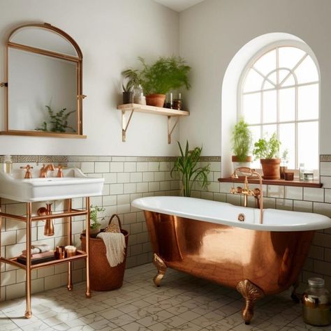 53 Farmhouse Bathroom Ideas for a Chic Upgrade in Your Home Victorian Bathroom Ideas, White Clawfoot Tub, Bathroom Clawfoot Tub, White Shiplap Wall, Victorian Bathroom, Roll Top Bath, Eclectic House, Copper Leaf, Indoor Jungle