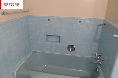 Bathroom Update Before And After, 80s Tile Bathroom, Vintage Blue Bathroom Tile, Updated Vintage Bathroom, Retro Blue Tile Bathroom Ideas, Vintage Blue Tile Bathroom Ideas, Light Blue Tile Bathroom Ideas, Bathroom With Blue Tub, Blue Tub Bathroom Ideas