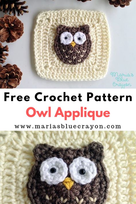 Owl Granny Square, Crochet Owl Blanket, Sunburst Granny Square, Crochet Applique Patterns Free, Woodland Owl, Blue Crayon, Owl Applique, Owl Crochet Patterns, Granny Square Crochet Patterns Free