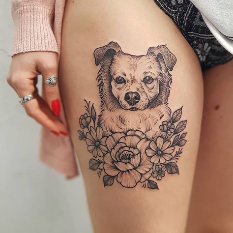 Dog Portrait With Flowers Tattoo, Dog Tattoo On Thigh, Dog Tattoo Thigh, Dog And Floral Tattoo, Paw And Flower Tattoo, Dog Portrait Tattoo Flowers, Mila Tattoo, Pet Portrait Tattoo, Chihuahua Tattoo