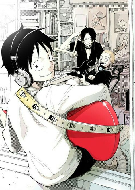 Luffy, Ace, Sabo, brothers, playing, guitar, headphones, room; One Piece Luffy Fanart, Ace One Piece, Ace Sabo Luffy, Ace And Luffy, The Pirate King, One Piece Ace, One Piece Pictures, One Piece Fanart, One Piece Luffy