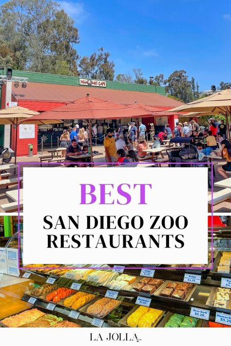 Outdoor seating at a popular restaurant inside the San Diego Zoo with colorful food options displayed. Oreo Bark, Zoo Day, Reptile House, Visit San Diego, Nestle Toll House, San Diego Restaurants, In The Zoo, Eat Lunch, San Diego Zoo