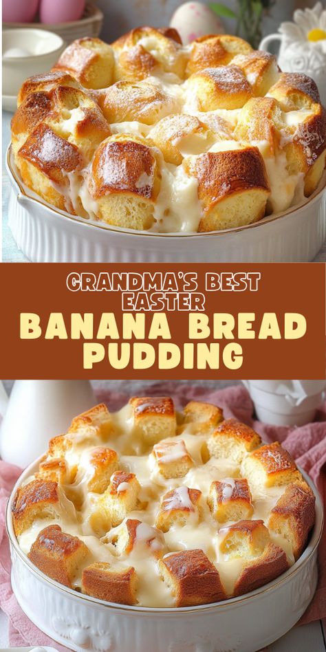 🍌🥄 Old-fashioned, comforting & SO delicious! Grandma’s Easter Banana Bread Pudding is the perfect way to use up ripe bananas and leftover bread. Baked to golden perfection and topped with a rich vanilla sauce, this dessert is a holiday favorite! Perfect for Easter brunch, potlucks, or a cozy family treat. 💛  💡 Best served warm with a scoop of vanilla ice cream or a drizzle of caramel!  📌 Pin this now & bring a taste of nostalgia to your Easter table! Click the link for the full recipe. ⬇️  #BananaBread #BreadPudding #EasterDesserts #ComfortFood #GrandmasRecipe #SpringBaking #SweetTooth #EasyDesserts #HomemadeHappiness #TastyTreats Classic Easter Desserts, Use Up Ripe Bananas, Holiday Pies Recipes, Mousse Trifle, Sweet Carrots, Bread Pudding Recipes, Snacking Cake, Banana Bread Pudding, Chicken Rotisserie