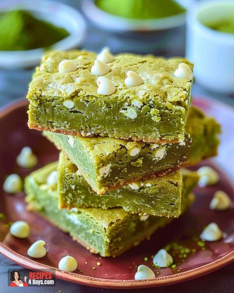 Matcha Green Tea White Chocolate Blondies Sugar Free Apple Pie, Pistachio White Chocolate, Vegan Blondies, Matcha Bars, Sugar Free Recipe, Matcha White Chocolate, Chocolate Blondies, White Chocolate Blondies, Matcha Dessert