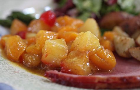 Curried Fruit Bake | cheerykitchen.com Hot Fruit Salad, Curried Fruit, Fruit Bake, Lost Recipes, Canned Pears, Baked Fruit, Canned Peaches, Curry Dishes, Stuffed Pork Tenderloin