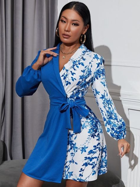 Blue And White Dresses Casual, Blue White Dress Outfit, Plain And Pattern Dress Styles, Long Classy Gowns, Wrap Dresses For Work, Wrapped Dress Outfit, Wrapping Gown Styles, Blue And White Dress Outfit Classy, Long Wrap Dress Outfit