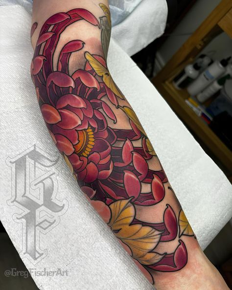 Added a chrysanthemum to Trevor’s crane sleeve. Crane post coming soon 🏗️🦢🔜 #crysanthemum #crysanthemumtattoo #flowertattoo #neotrad #neotraditional #ottawatattoo #ottawaartist #relicpiercingandtattoo #relicottawa #relictattooandpiercing #ottawaart #westborotattoo #613tattoo Neotrad Sleeve, Chrysanthemum Tattoo Sleeve, Ottawa Tattoo, Flower Board, Chrysanthemum Tattoo, Neo Traditional, Anime Tattoos, Chrysanthemum, Tattoos And Piercings