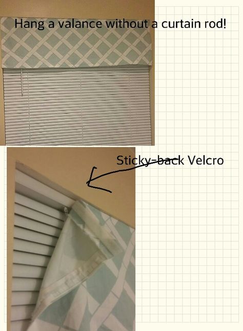 Hang a valance without a curtain rod --use adhesive Velcro and attach to top of blinds. What an improvement! Rv Curtains, Curtains Pictures, Diy Window Treatments, Vertical Blinds Curtains, Kitchen Window Treatments, How To Hang, Rental Decorating, Diy Window, How To Make Curtains