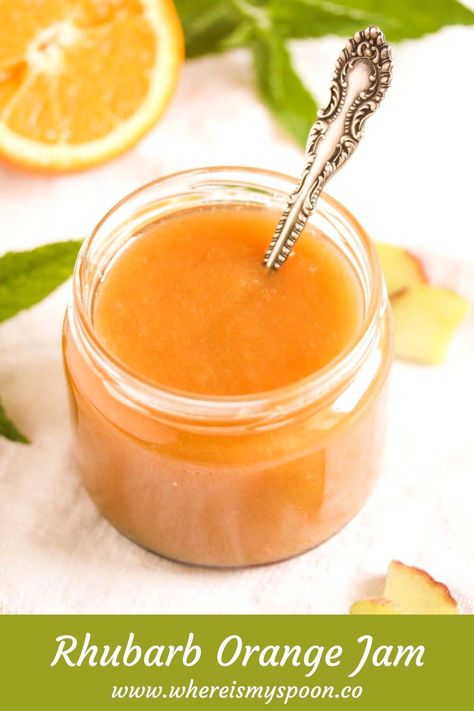 Easy to make rhubarb and orange jam, a delicious twist on marmalade, sweet, tangy, and truly addictive! #whereismyspoon #rhubarborangejam #orangerhubarbjam #rhubarbjamrecipes #easyrhubarbjam #rhubarborangemarmalade Rhubarb Marmalade, Orange Jam Recipes, Rhubarb Jam Recipes, Marmalade Jam, Ginger Jam, Orange Jam, Marmalade Recipe, Citrus Recipes, Rhubarb Jam