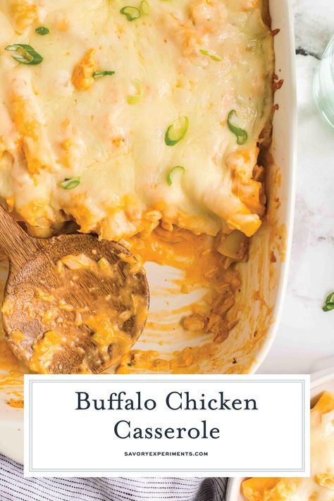 This creamy Buffalo Chicken Casserole combines spicy hot sauce and ranch-style flavor with chicken, cheese, and pasta to make a hearty meal! Creamy Buffalo Chicken, Leftover Casserole, Easy Buffalo Chicken, Buffalo Chicken Casserole, Chicken Casserole Recipe, Ranch Chicken Casserole, Chicken Dishes Easy, Hearty Meal, Chicken Recipes Casserole