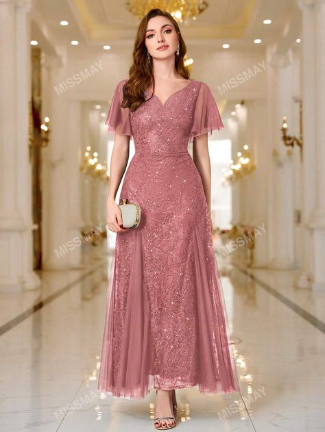 Sequin Lace Sweetheart Neck Ruffle Sleeve Evening Party Maxi DressI discovered amazing products on SHEIN.com, come check them out! Dress Brokat Modern, Simple Maxi, Wedding Guest Gowns, Dusty Pink Dresses, Modern Bridesmaid, Party Maxi Dress, Womens Prom Dresses, فستان سهرة, Elegant Dresses For Women