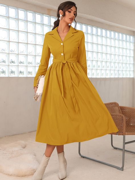 Mustard Yellow Elegant  Long Sleeve Cotton Plain Shirt Embellished Slight Stretch Spring/Fall Women Dresses Green Lace Maxi Dress, Mustard Yellow Dress, Yellow Shirt Dress, Floral Maxi Dresses, Mustard Yellow Dresses, Maxi Dress Designs, Shirt Dress Outfit, Green Lace Dresses, Deep Winter