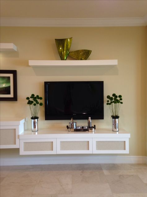 Floating tv stand Floating Shelves Entertainment Center, Deco Tv, Tv Storage Unit, Tv Fal, Entertainment Center Wall Unit, Floating Entertainment Center, Entertainment Center Shelf, Tv Stand Designs, Sala Tv