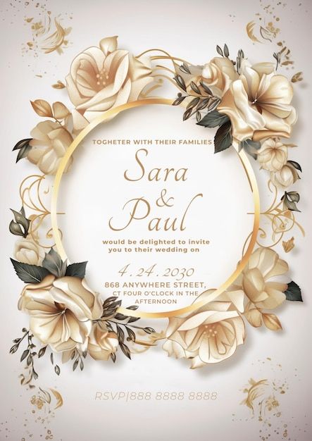 A wedding invitation with a gold frame a... | Premium Psd #Freepik #psd #rsvp #invitation-card-invite #anniversary-invitation-card #invitation-card-template Champagne Gold Wedding, Indian Retro, Wedding Invitation Vector, Rsvp Invitation, Anniversary Invitation, White Roses Wedding, Graphic Design Ads, Greenery Wedding Invitations, Card Invitation