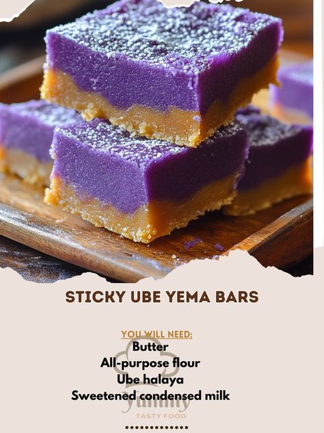 Satisfy your cravings with Sticky Ube Yema Bars! A sweet, creamy treat that’s deliciously addictive and easy to make! 💜🍬 #UbeDelight Sticky Ube Yema Bars Ingredients: Sweetened condensed milk (1 can, 14 oz) Ube halaya (1 cup) All-purpose flour (1 cup) Butter (1/4 cup, melted) Eggs (2) Vanilla extract (1 tsp) Sugar (1/2 cup) Instructions: Preheat the oven to 350°F (175°C) and grease a baking dish. In a bowl, mix condensed milk, ube halaya, melted butter, and eggs. Add flour, sugar, and van... Ube Condensed Milk, Ube Halaya, Cozy Fall Recipes, Condensed Milk Recipes, Festive Drinks, Milk Recipes, Sweetened Condensed Milk, Baking Dish, Condensed Milk