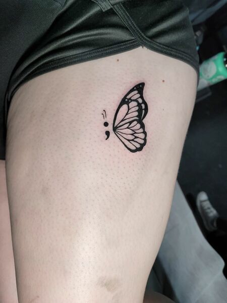 Gender Tattoo Ideas, Semi-colon Tattoo Ideas Wrist Butterfly, Semi-colon Tattoo On Thigh, Butterfly Flower Semi Colon Tattoo, Semi-colon Butterfly Tattoos, Hashimotos Tattoo, Tattoo Kupu Kupu, Butterfly Tattoo With Semicolon, Flower With Semicolon Tattoo