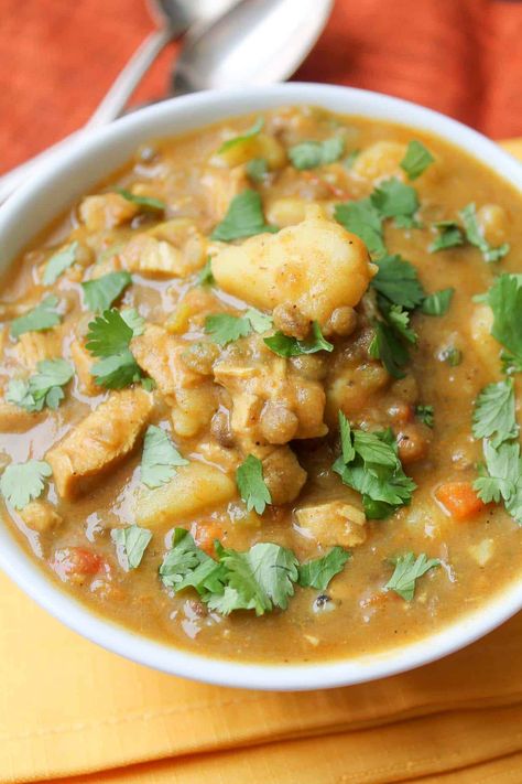 Curried Lentil & Potato Soup Garlic Curry, Lentil Potato, Lentil Potato Soup, Crowded Kitchen, Diet Soup Recipes, Potato Stew, Vegan Stew, Tomato Broth, Stewed Potatoes