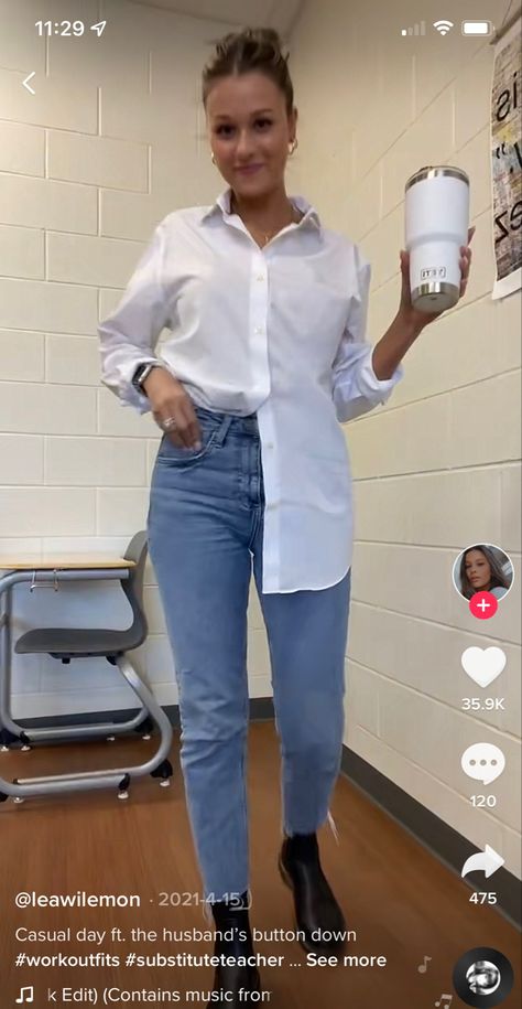 @ leawilemon / tik tok White Button Down Shirt Outfit Teacher, Classroom Outfits, White Button Down Shirt Outfit, Button Down Shirt Outfit, Button Down Outfit, Teacher Attire, Teacher Outfit, White Button Down Shirt, Teacher Outfits