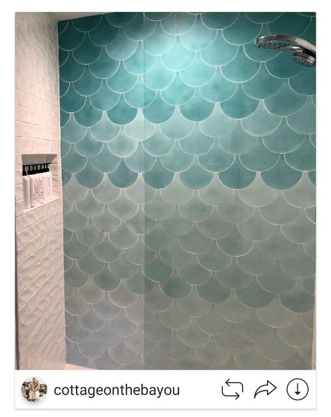 Mixed Solid Fishscale Moroccan Cement Tiles | Villa Lagoon Tile Fishscale Tile Bathroom, Gradient Tile, Fish Scale Tile Bathroom, Fishscale Tile, Florida Bathroom, Seaside Bathroom, Scallop Tiles, Mermaid Tile, 2024 Bathroom