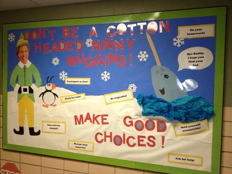 "Elf" and good behavior bulletin board. Buddy The Elf Bulletin Board Ideas, Elf Bulletin Board Ideas For School, Buddy The Elf Bulletin Board, Elf Bulletin Board Ideas, Elf Bulletin Board, Behavior Bulletin Boards, Hall Themes, Holiday Bulletin Boards, Bulletin Boards Theme