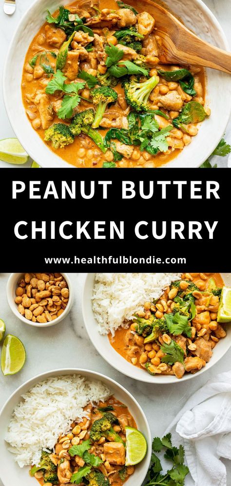 Spice up your dinner menu with this delicious Thai peanut butter curry made with chicken, chickpeas, and coconut milk. This super nutritious, one-pan meal is packed with flavor and protein. Plus, it's gluten free, dairy free, and can be made vegan! Chicken Chickpeas, Butter Curry, Peanut Butter Curry, Peanut Butter Chicken, Peanut Curry, Butter Chicken Curry, Chicken Chickpea, Chicken Cauliflower, Coconut Milk Recipes