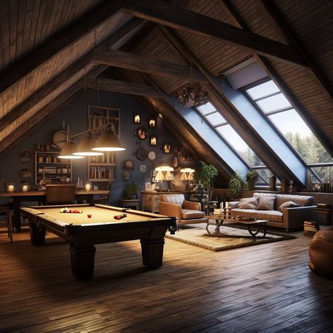 31 Game Room Ideas: For Basement, Garage and Small Rooms Game Room Above Garage, Small Loft Hangout Space, Upstairs Loft Game Room Ideas, Pool Table Lounge Room, Home Safe Room Ideas, Small Home Game Room, Games Room Attic, Home Game Room Ideas Cozy, Gaming Room Attic