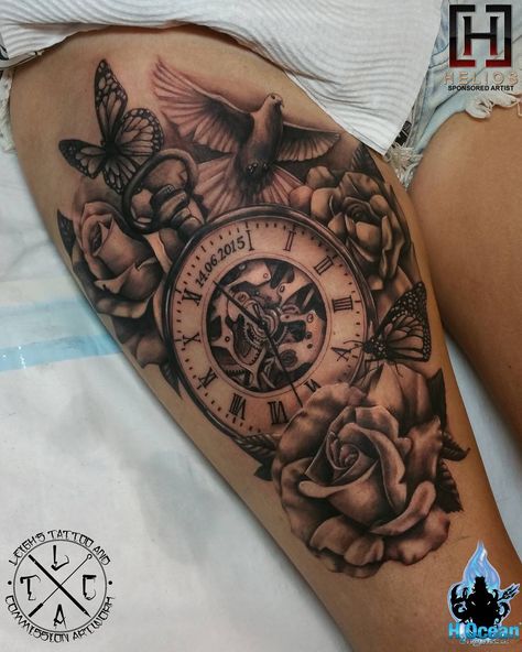 Tattoos Clock, Thigh Piece Tattoos, Tattoo On Thigh, Side Hip Tattoos, Side Thigh Tattoos, Thigh Tattoo Designs, Omerta Tattoo, Thigh Piece, Pieces Tattoo