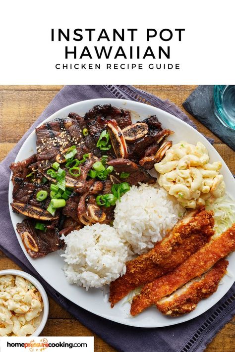 a plate with hawaiian chicken rice, macaroni, and more Bbq Chicken Instant Pot, Instant Pot Hawaiian Chicken, Hawaiian Chicken Recipe, Hawaiian Bbq Chicken, Barbecue Ideas, Hawaiian Chicken Recipes, Marinated Chicken Recipes, Chicken Instant Pot, Hawaiian Bbq