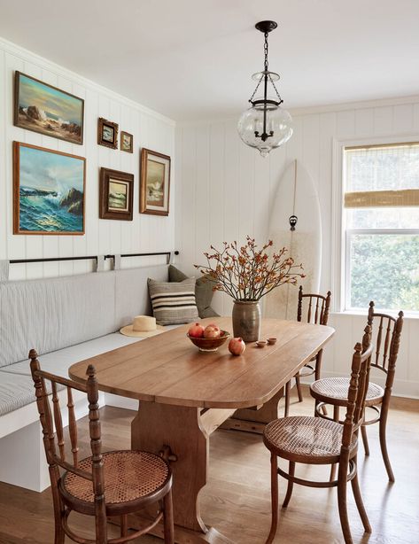 Southampton Cottage Featured in Homes & Gardens — Rikki Snyder Becca Interiors, Rattan Ceiling, Built In Banquette, Kitchen Banquette, Banquette Seating, Gorgeous Kitchens, Dining Nook, Farmhouse Dining Room, Farmhouse Dining