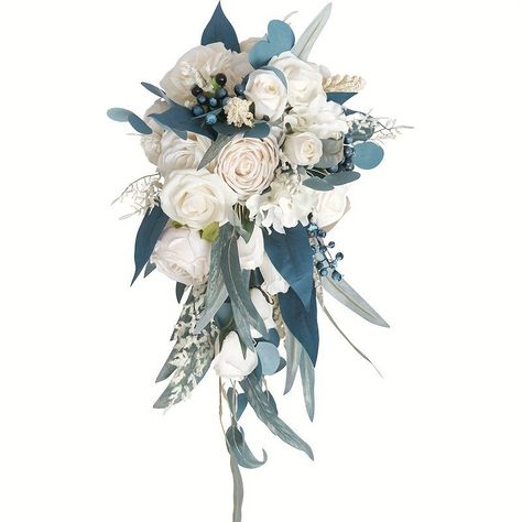 1pc Faux Wedding Bouquets For Bride Cascading Bouquets, Bride Peacock Blue Champagne Rose Drops Hand Bouquet, Artificial Bridal, Christmas Decor, Bouquet For Boho Rustic Wedding Ceremony Celebration Anniversary Decor,temu Navy Blue And Champagne Wedding, Blue And Champagne Wedding, Navy Blue And Champagne, Vintage Wedding Ceremony, Flower Props, Silk Flower Bridal Bouquet, Wedding Photography Props, Rustic Wedding Colors, Romantic Ambiance