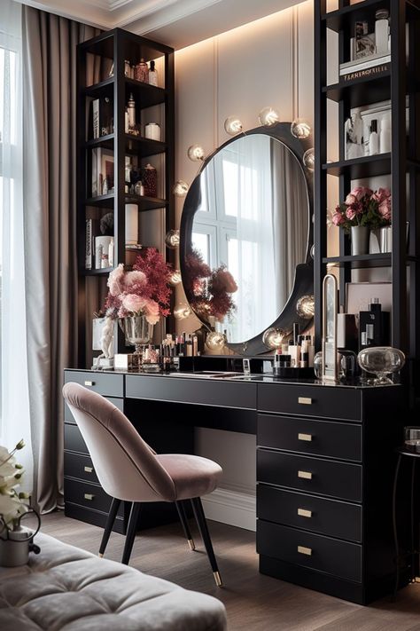 beauty room design beauty salon interior bedroom ideas baddie apartment Moody Makeup Vanity, Master Vanity Mirror Ideas Bedroom, Dark Vanity Aesthetic, Dark Vanity Bedroom, Vanity Ideas Bedroom Aesthetic, Dark Dressing Room, Makeup Table Aesthetic, Makeup Room Ideas Decor, Decorated Vanity