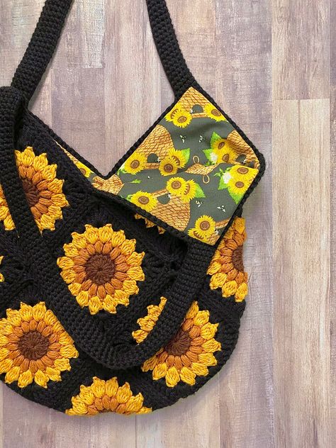 Sunflower Crochet Bag, Crochet Sunflower Bag, Sunflower Tote Bag, Sunflower Bag, Black Sunflower, Sunflower Crochet, Sunflower Kitchen Decor, Honey Bee Hives, Sunflower Kitchen