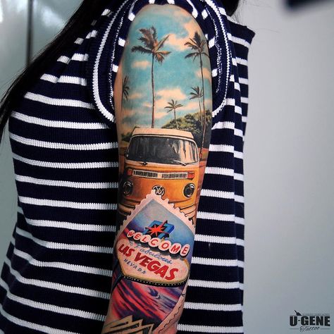 Travel sleeve with VW Camper and Las Vegas sign. Tattoo by U-Gene, an artist at Voice of Ink in Wroclaw, Poland. 27 Tattoo, Colored Tattoo Design, Vegas Tattoo, Back Of Arm Tattoo, Girl Sleeves, Space Tattoo, Halloween Tattoos, Tattoo Sleeve Designs, Angel Tattoo Men