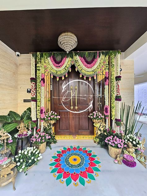 rangoli design, perfect for weddings, decor by dhanya, event management Floral Entrance Decor, Pellikoduku Decor, Floral Entrance, Entrance Decor, Rangoli Design, Flower Garlands, Rangoli Designs, Door Decor, Door Decorations