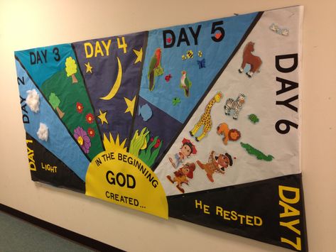 Creation Bulletin Boards Preschool, Nursery Bible Class Ideas, Days Of Creation Diorama, Gods Creation Bulletin Board Ideas, Creation Bible Class Decor, Genesis Bulletin Board Ideas, Creation Theme Decorations, Bible Theme Classroom, Bible School Classroom Decor Ideas