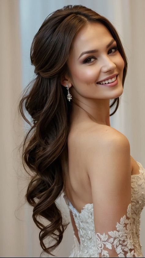 Discover elegant and easy bridal hairstyles for long hair perfect for an Indian-inspired wedding From a half up half down updo to an elegant updo with an intricate veil and crown details we've curated Pakistani black and boho braid style ideas to inspire your bridal look Wedding Hairstyles Light Brown Hair, Princess Hairstyles Half Up Half Down, Hairstyles For Snowball Dance, Side Hair Formal, Wedding Hair Wavy Half Up Half Down, Wedding Hairstyle Brunette, Down Formal Hairstyles For Medium Hair, Brunette Wedding Half Up Half Down, Half Do Wedding Hairstyles