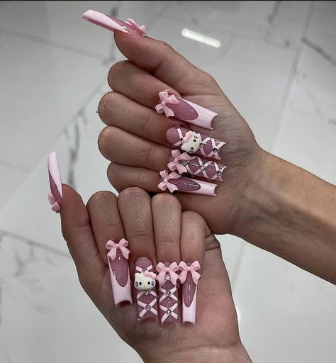 #nails #coquette #HelloKitty Coquette Nail Ideas, Coquette Nail, Paznokcie Hello Kitty, Bow Nail Designs, Girls Nail Designs, Coquette Nails, Vintage Nails, Lace Nails, Swarovski Nails