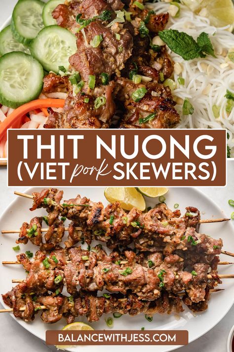 Thit Nuong, or Vietnamese Grilled BBQ Pork Skewers, is one of Vietnam's most popular dishes for a reason! Thinly sliced pork shoulder is coated in a lemongrass marinade for fresh & aromatic flavor. Though traditionally grilled, this easy recipe cooks the skewers in the oven for a simple, year-round favorite. Dairy free, healthy. Vietnamese Pork Marinade, Pork Skewer Recipes, Asian Pork Marinade Recipes, Pork Shoulder Slices Recipes, Pork Shoulder Asian Recipes, Vietnamese Pork Skewers, Asian Pork Skewers, Vietnamese Skewers, Sliced Pork Shoulder Recipes