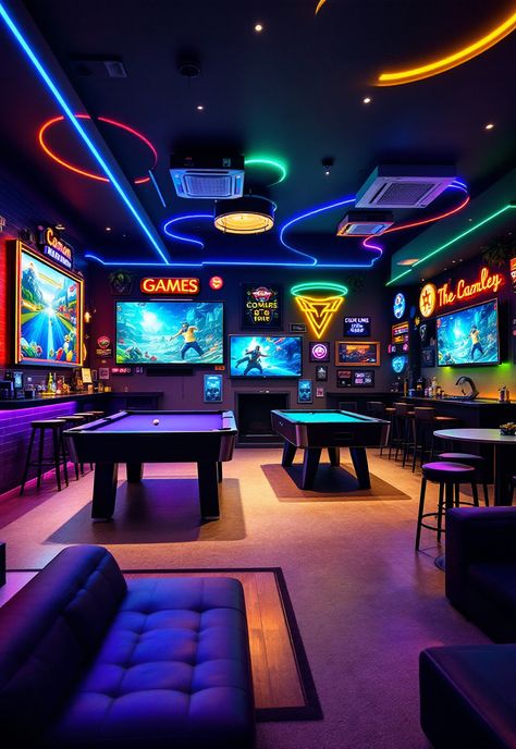 Finished Basement Ideas Game Room Sofa Ideas, Basment Game Room, Finished Basement Game Room, Finished Basement With Pool Table, Video Game Basement, Dream Basement Game Room, Game Room Decor Ideas Family, Recreational Room Interior Design, Basement Arcade Room Ideas