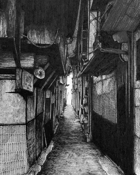 Dark Alley. Urban Architectural Pen Drawings. Click the image, for more of this home from ibsuki. Dark Alley Drawing, Dark Alleyway Drawing, Alleyway Drawing, Ruelle Sombre, Alley Drawing, Dark Illustration Art, Grayscale Illustration, Dark Alleyway, Dark Alley