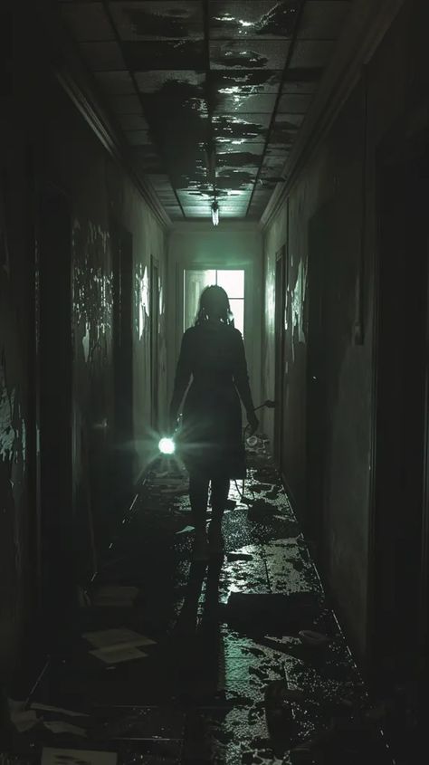 The photo shows a dark hallway with a figure in the distance. The figure is holding a flashlight and is barely visible ->> more details in ai-img-gen.com Holding Flashlight, Creepy Hallway, Dark Hallway, When Im Bored, On The Floor, Pose Reference, Flashlight, Hallway, Art Images