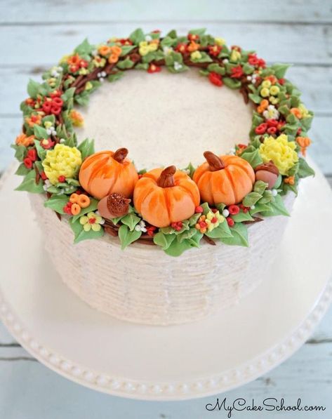 Elegant Fall Wreath Cake- A Cake Decorating Video Tutorial by MyCakeSchool.com! Perfect for fall and Thanksgiving! Harvest Cake Decorating, Cakes For Fall Season, Fall Wreath Cake, Thanksgiving Decorated Cakes, Thanksgiving Themed Cakes, Thanksgiving Cake Ideas Decorating, Fall Decorated Cakes, Autumn Cake Decorating, Fall Themed Birthday Cake