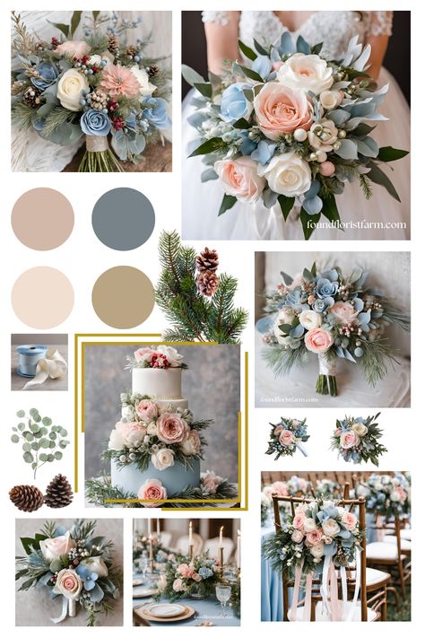 The color palette evokes a sense of refinement and sophistication, featuring soft blush pinks, delicate Wedgewood blues, and creamy ivory blooms. These beautiful florals are intricately arranged with lush evergreens, adding a wintery touch of natural charm. Accents of soft creams and rich greenery create a breathtaking, ethereal aesthetic that feels straight out of a Bridgerton ballroom. #customweddingflowers #silkweddingbouquet #bridalbouquetforchristmaswedding #christmasweddingflowers Bridgerton Flowers Aesthetic, Bridgerton Ballroom, Flower Mood Board, Bridgerton Wedding Aesthetic, Fairytale Wedding Aesthetic, Bridgerton Themed Wedding, Boho Chic Bouquet, Bridgerton Theme, Chic Bouquet